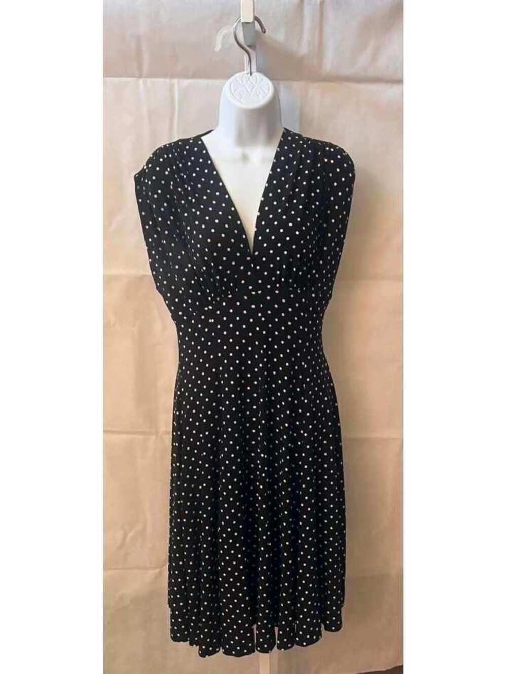 Norma Kamali Black Beige Polka Dot V-Neck Fit & Flare Dress L
